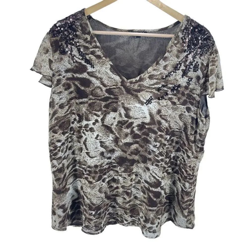 Apt 9 Womens Blouse Top Animal Print Ruffle Cap Sleeve V Neck Brown Size XL